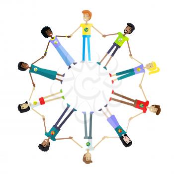 Happy people holding hands around on white background. Men and women holding hands around. People from various ethnic group. Round frame. Isolated object on white background. Vector illustration.
