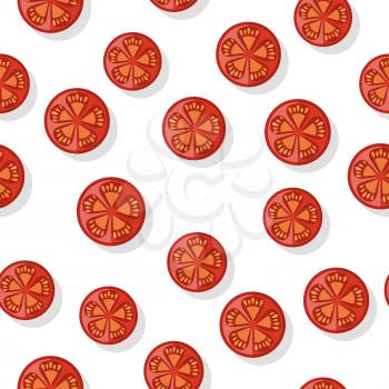 Round tomato slice seamless pattern. Editable element for your design. Grocery store assortment, healthy nutrition. For icons, ad, infographics. Vegetables ingredient for dishes. Vector in flat style.