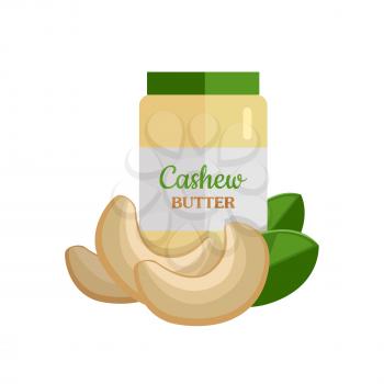 Cashew butter and nuts vector. Flat design. Healthy food, diet and cosmetic products. Seasoning. Culinary ingredient,  source of protein, vitamins, fatty acids. Isolated on white background. 
