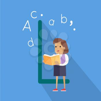 Science alphabet. Letter - H. ABC vector. Girl with orange book. Simple colored letters and teenager character. Scientific research, science lab, science test, technology illustration. Flat design