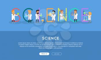 Science banner. Science alphabet. ABC vector with scientists at work. Simple colored letters and scientist character. Scientific research, learning, science test, technology illustration in flat