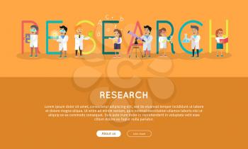 Research science banner. Human characters in white gowns with scientific instruments. Educational concept. Health care. Vector illustration in flat style. For education sources ad, infographics, web