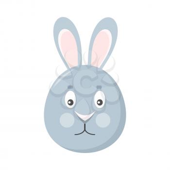 Rabbit mask isolated on white. Hare or grey bunny. Cartoon character face to celebrate happy events at kindergarten, birthday, children holiday festival. Sticker for toddler. Vector in flat style