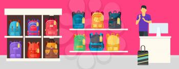 School Bag Store banner. Seller near white table offering some modern backpacks. Yellow and orange backgrounds. Various shapes, size and colour of backpacks. Different bags in white racks. Vector