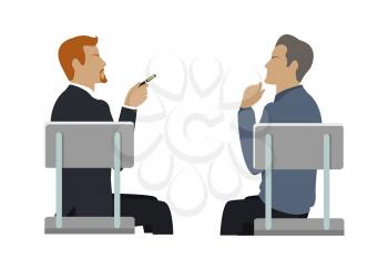 Side view of two businessmen sitting on gray chairs. Business people series. Communication, dialogue, group of employees, information sharing, discussion, dispute. Vector illustration.