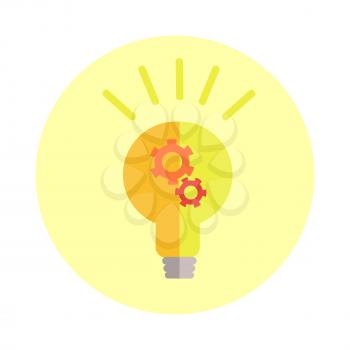 Creative idea in light bulb shape as inspiration concept. Light bulb with gears working together, idea concept. Light lamp sign icon. Idea symbol. Flat design vector illustration
