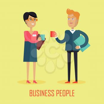 Business people coffee break. Business team coffee break relax concept. Two business colleagues communicating at break. Smiling young personage. Flat design vector illustration