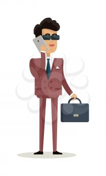 Businessman character vector. Cartoon in flat design. Smiling man in suite, sunglasses with briefcase making calls. Illustration for business concepts, infographics. Isolated on white background.