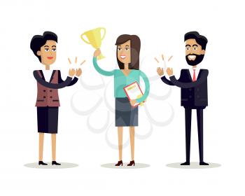 Success concept vector in flat style. Successful woman raises cup above her head and receives applause from colleagues. Illustration for business concepts, web pages design, infographics.   