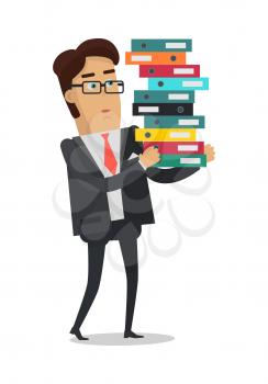 Business man with stack of folders isolated on white background. Man in expensive suit at work. Businessman carrying a lot of documents. Work in office concept. Vector illustration in flat style