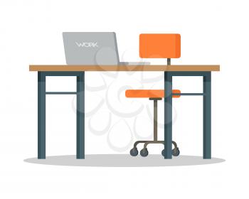 Workplace vector illustration in flat style. Modern office furniture. Table, orange chair, laptop illustrations for business, space organization concepts, furniture stores ad. Isolated on white