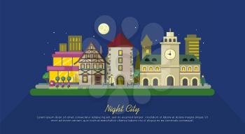 Night city. City street vector illustration at night. Urban city landscape web banner. Building architecture in unusual fashionable design. Modern town. Metropolis panorama. Flat style poster