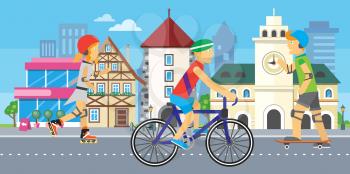 Children going in for sport in city. Urban town landscape at daytime on background. City street vector illustration. Modern town building. Metropolis panorama. Vector illustration in flat style