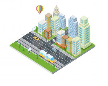 Eco city design. Sustainable, clean town with skyscraper buildings, houses, road, traffic system, air balloon. Modern architecture. Office apartment and nature. Part of series of city isometric. Vector