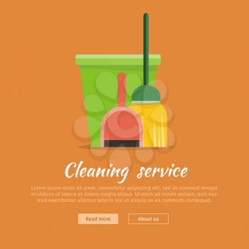 Cleaning service web banner. Bucket with duster, broom and dustpan icon. Symbols of clean in house. House washing equipment. Office and hotel cleaning. Housekeeping. Cleaning business concept. Vector