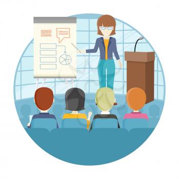Business lecture concept vector. Flat design. Woman holding seminar near board with infographics. Certification training in office. Illustration for educational companies, career courses ad.  