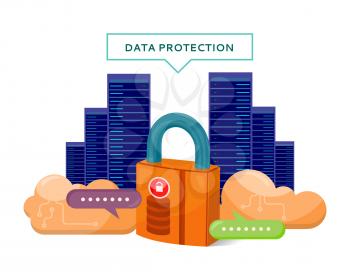 Data protection web banner in flat style. Internet security. Servers, cloud services, media and social networks icons. Illustration for video presentation or corporate ad animation clip