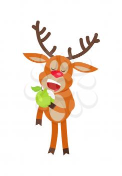 Deer eating apple cartoon. Cute horned reindeer standing with bitten green fruit in hand flat vector illustration isolated on white background. For healthy food, diet concepts, animal icon, web design