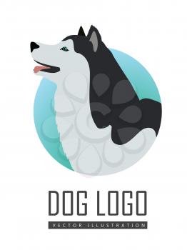 Dog logo vector illustration of Husky or Alaskan Malamute isolated on white. General name for a sled-type of dog. Energetic and athletic breed canine. Cartoon puppy. Home pet. Vector illustration