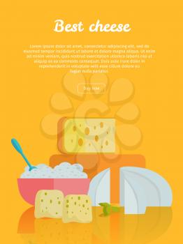 Best cheese banner. Different varieties of cheese pieces on orange background. Natural farm food. Dairy product. Retail store poster. Vector illustration in flat style. Dairy website template.