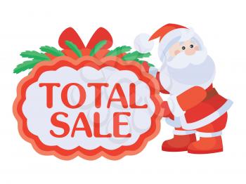 Total sale Christmas sticker. Bright red tag with Santa Claus character flat vector illustration isolated on white background. For stores traditional winter seasonal discounts promotions