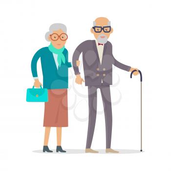 Aged people walking isolated on white. Happy senior man and woman together. Middle aged couple. Older man and woman having fun together. Senility old aged senium in flat design. Vector illustration