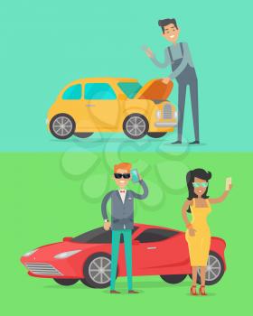 Man repair car. Rich people near luxury red coupe car. Car service illustration in flat style design. Auto mechanic, business man and woman. Car service. Repair car test. Machinery engineer. Vector