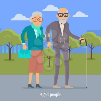 Aged people walking in park. Happy senior man and woman together. Middle aged couple. Older man and woman having fun together. Senility old aged senium in flat style design. Vector illustration