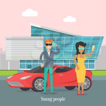 Young rich people standing near the luxury car. Man speaks on telephone in urban city. Happy young lady making selfie. Skyscraper on the background in flat style design. Vector illustration