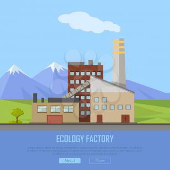 Ecology factory web banner. Eco manufacturing and producing. Plant icon in flat style. Environmentally friendly. Retailer of organic natural healthy products. Modern building of the factory. Vector
