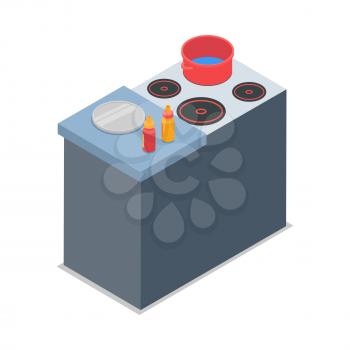 Cooker with red round pot isolated on white. Four burners. Grey working place near cooker. Two bottles of sauce and round steel tray on table. Simple cartoon style. Flat design. Vector