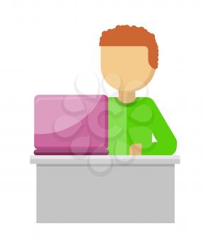 Office worker illustration in flat style design. Man works with laptop and analyzes website. Development solution, software development or construction. Search of innovations. Vector illustration