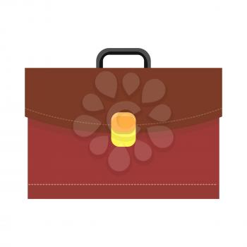 Leather briefcase vector illustration in flat style. Business equipment and attribute. Classic brown leather bag with lock. Travel concepts, bags stores ad, icons logo, web design. Isolated on white