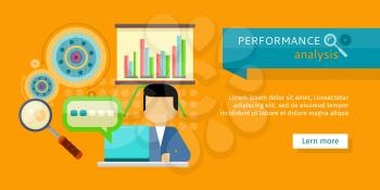 Performance analysis banner. Person working at laptop, making financial planning or generating report. Presentation of financial planning. Business man search for solutions infographics. Vector