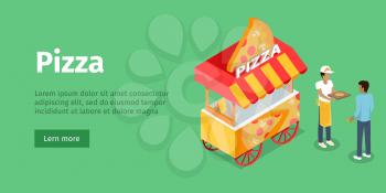 Pizza trolley in isometric projection style design icon. Street fast food concept. Food truck with umbrella illustration. Isolated on green background. Mobile shop with cooker and buyer. Vector