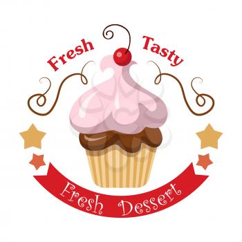 Fresh tasty dessert. Fruit cupcake with one cherry on top of it. Sweets. Baked cake with chocolate filling and pink airy cream in simple cartoon style. Light baking form. Colourful bun logo. Vector