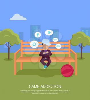 Game addiction banner. Boy whis smartphone sitting on wooden bench in the park. Boy with dialog window. Boy using tablet. Urban cityscape with boy, park, bench, trees, blue sky and white clouds