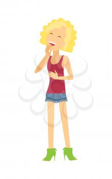 Joyful young woman. Pretty blonde girl laughing flat vector illustration isolated on white background. Cheerful cartoon woman character. Joking girl. Positive emotions, humor and happiness concept 