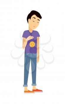 Young man in depression. Dispirited man character with sad smile on t-shirt flat vector illustration isolated on white background. Psychological problems. Human fillings and emotions concept