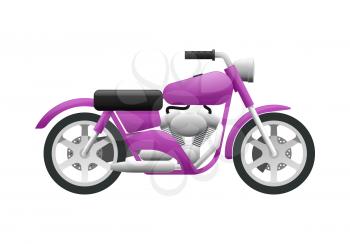 Transportation. Illustration of contemporary violet motorcycle. Two-wheeled motor vehicle with fuel economy and one headlight in front of it. Fast mean of transportation in cartoon design. Vector