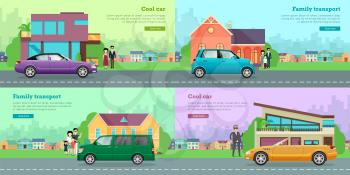 Collection of icons with various vehicles. Cool violet car with shifted roof and yellow limousine near modern houses. Family transport. Green minivan and small blue car on road near families. Vector