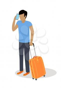 Traveler character icon. Man in casual clothes with trolley suitcase talking on phone template vector illustration isolated on white background. For travel concepts, app, logo, infographic design