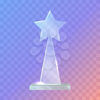 My best trophy. Contemporary glass prize in shape of triangle with star on top and on glass plate basement. Shiny. Glossy. Crystal. Flat design. Vector illustration