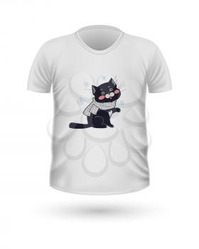 T-shirt front view with animals isolated on white. Realistic t-shirt vector in flat. Cartoon character cat in winter cloth. Casual wear. Cotton unisex polo outfit. Fashionable apparel