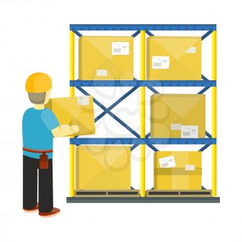 Transportation and saving goods in warehouse or shop storage.  Vector in flat style. Worker taking box from shelf. Equipment for storage products in stock. Parcels on the shelves of the post office.