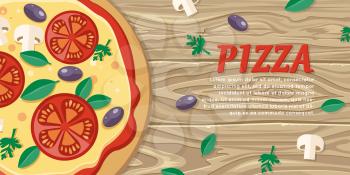 Pizza with tomatoes, olives, mushrooms and herbs in flat style isolated. Traditional italian pizza with vegetables. Illustration for pizzeria, restaurant ad, logo design, delivery service. Vector