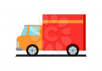 Lorry truck worldwide warehouse delivering. Logistics container shipping and distribution. Transportation to any part of world. Overland delivering. Loading and unloading boxes. Vector illustration