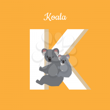 Animals alphabet. Letter - K. Koala with cub hangs on letter. Alphabet learning chart with animal illustration for letter and animal name. Vector zoo alphabet with cartoon animal on orange background