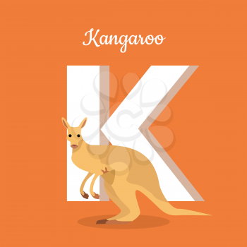 Animals alphabet. Letter - K. Brown kangaroo near letter. Alphabet learning chart with animal illustration for letter and animal name. Vector zoo alphabet with cartoon animal on orange background