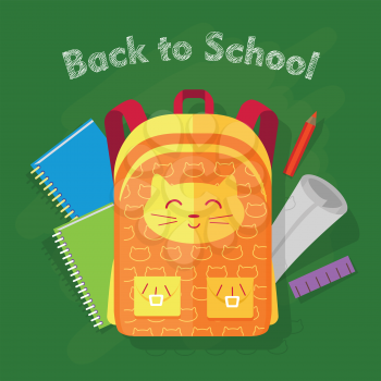 Back to school. Orange-yellow bag with smiled cat and two pockets on green background. Behind bag green and blue notebooks, red pencil, list of paper, violet ruler. Flat desing. Vector illustration